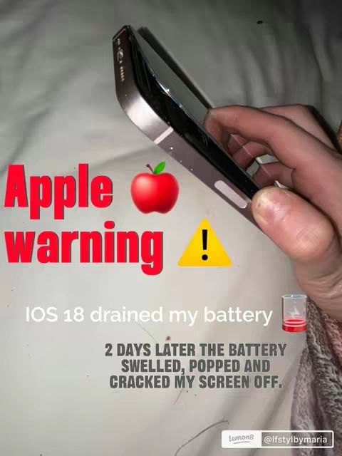 The image shows a damaged iPhone held at an angle. The screen is cracked and the battery appears swollen, with overlay text in the background that warns about the iOS 18 update draining the battery, ultimately damaging the screen and the device. There are also informational elements on the bottom.