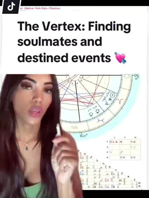 A woman is in the foreground, partially turned to her side, holding a pen and looking towards the camera. Behind her is a graphic of a birth chart with lines and symbols overlaying a white background. Text over the image reads 'The Vertex: Finding soulmates and destined events'.