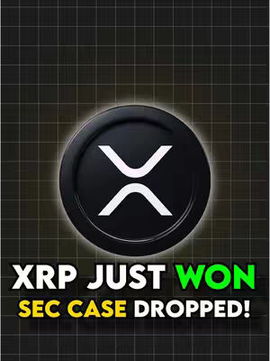 The cover image features a black circle with the XRP cryptocurrency logo in white at the center, set against a grid background. The overlay text reads 'XRP JUST WON' in white font, and 'SEC CASE DROPPED!' in a green and yellow font.