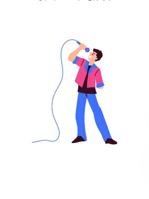 A cartoon illustration features a man singing into a microphone. He is dressed in a pink jacket over a black shirt and blue pants. The microphone is connected to a blue cord. The background is plain white.