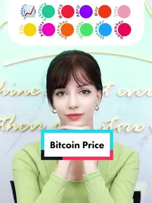 A woman with dark hair and bangs looks at the camera holding a banner that reads 'Bitcoin Price', with a graphic of a stock chart. In the background there's a colorful graphic representing the months of the year. The overall aesthetic is bright and clean.
