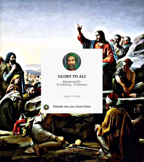 The image is a blend of a classic art painting with a social media overlay. The background features a painting, possibly religious, showing multiple figures. Dominating the center, a social media profile is superimposed, showing a picture and handle. The color palette is dark, with muted blues and browns from the painting versus the white, clean space of the overlay. Jesus appears in the image.