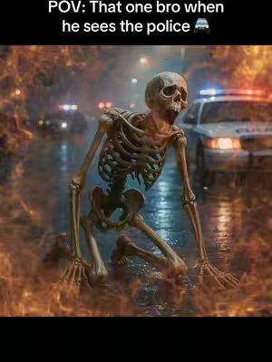 An image of a skeleton crawling on its hands and knees, set in a blurred cityscape. In the background, there are police car lights illuminating a wet road. The sky is a dark, fiery orange.