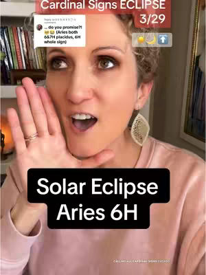 The cover image features a woman with light skin and curly hair, her expression a mix of surprise and animation. She is holding one hand up near her face, her mouth open, and she is wearing large hoop earrings with a cut-out design. Overlaid on the image is a large, black rectangle with white text and smaller panels. The top left rectangle in tan with the text "Cardinal Signs ECLIPSE" and 3/29. The background is blurred to show a room with bookshelves and other interior elements.