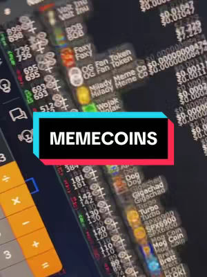 The cover image features a close-up view of a computer or mobile device screen displaying a financial interface. Numerous lines of text and numbers, likely representing stock or cryptocurrency data, fill the screen, with a color scheme of predominantly white text on a dark background. The text overlay 'MEMECOINS' is prominently displayed in a rectangular box.