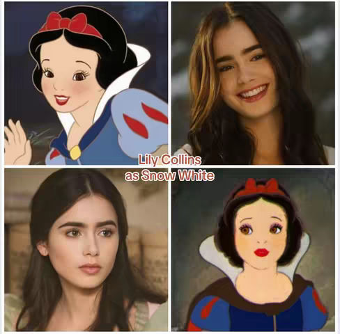 A collage of images. The upper-left shows an animated Snow White illustration with a red bow. The upper-right is a photo of a woman smiling. The lower-left is another photo of a woman. The lower-right is another animated Snow White illustration. Text at the bottom states "Lily Collins as Snow White". The background is white.