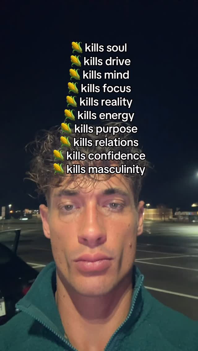 A close-up shot of a man's face with text overlayed. The man has short, curly brown hair and is wearing a dark green zippered jacket. The background is indistinct, but appears to be outdoors at night. Overlaid on the image is a list paired with a corn emoji; each item describes a negative outcome associated with the listed topic. The man looks directly at the camera with a neutral expression.