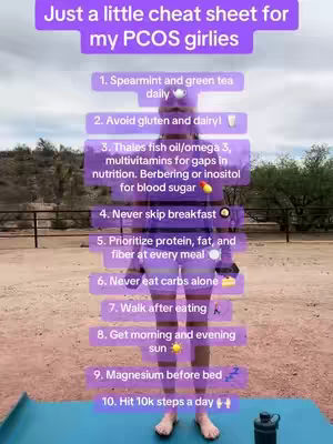 The cover image showcases a woman's full body with a list of recommendations for PCOS. The text overlays float above her body in the form of purple highlighted bubbles with the list items. The image has an overall purple and natural green color scheme, and her skin complexion appears natural.