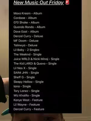 The cover image is a vertical shot against a black background. It appears to be a list of new music releases. At the top, 'New Music Out Friday' is written in a stylized font, complete with a soda can emoji. The list underneath highlights various artists and album/single names.