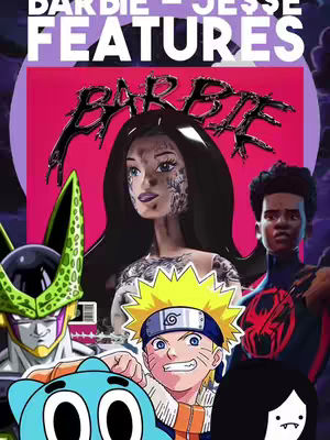 A vibrant cover image featuring a collage of cartoon characters and elements. The central focus is an illustrated Barbie with tattoo-like details. The background is a gradient of purple and pink hues, with a textured appearance. Below Barbie, a Naruto character is featured. Further below is a Gumball character, Cells,Miles Morales, and Marceline. Title text at the top. Overall the image is bright color and dynamic.