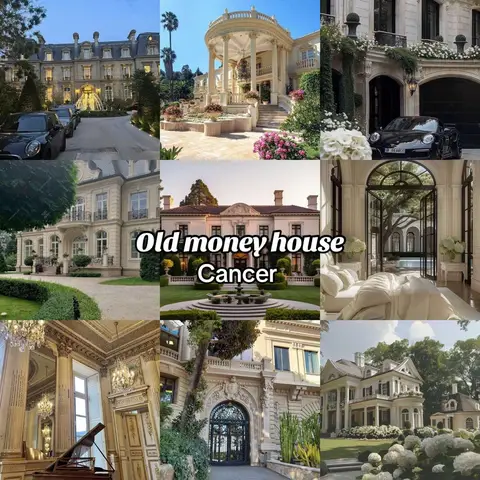 A collage featuring nine images of luxurious mansions and grand houses. The houses are in a variety of styles, hinting at different architectural designs. Overlayed centered is a text that says 'Old money house Cancer'