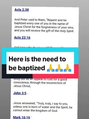 The cover image is a vertical shot, dominated by a slightly tilted white text block with the overlaid text "Here is the need to be baptized" in bold, white font, set against a background of a black-outlined rectangle with teal on top portion and pink on the bottom. Below the text box is a list of Bible verses. Additional details include several hand-praying emojis, and scripture references.