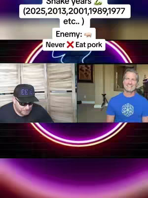 The cover image is a split-screen with two men, set against a backdrop incorporating neon lighting. The top half contains three white boxes with text, including the years and enemy that is pork with a red cross over it. The bottom half of the image shows a man wearing a black hat and sunglasses on the left, and a man in a blue shirt on the right. Between the two men is a large, circular neon light.