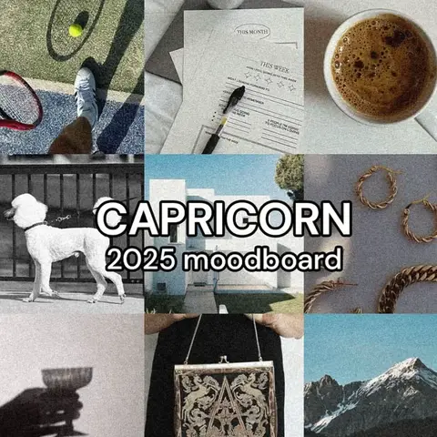 A collage of images, including a tennis court photo, a desk with stationery, a cup of coffee, a white dog on a leash, building exterior, jewelry, a purse, a shadow of a glass with flower, and a mountain, all with a vintage filter.