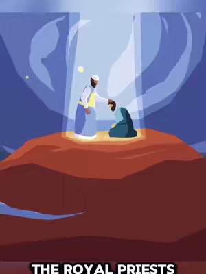 An illustrated scene depicting a religious theme. Two male figures are present: one in royal attire, touching the bowed head of another figure depicted kneeling. A bright light shines down from the top of the frame. The background is composed of stylized clouds and a gradient of blue and brown hues.