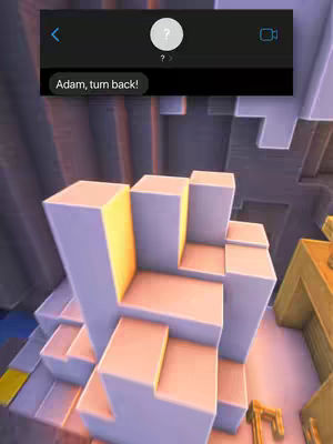 The image shows a screenshot from a text conversation overlayed on a Minecraft-style game environment. A black bar at the top simulates the interface of a messaging app, with a profile icon indicated by a question mark. Below this, a text bubble reads "Adam, turn back!" The background depicts a geometric landscape.