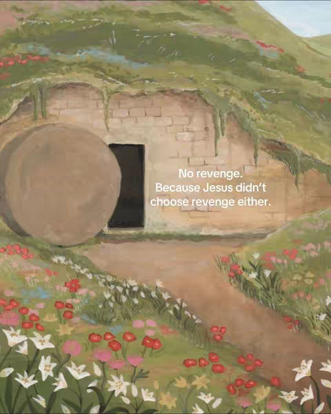 An artistic depiction showing the empty tomb of Jesus on Easter. The tomb is made of stone, and the entrance is partially blocked by a large, round stone. Lush green grass and wildflowers surround the tomb, and a path leads towards it. The image is painted in soft, muted colors.