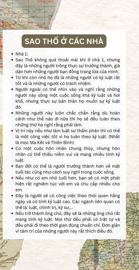 The cover image is a digitally designed document on a world map background. The text is in Vietnamese with bullet points, suggesting an informational or educational video about the astrological house of Saturn.