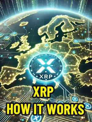 A digitally created image showcasing a stylized globe. The continents are illuminated with a grid-like pattern and circuit board designs around them. A glowing XRP logo is prominently displayed in the center, with the text 'XRP HOW IT WORKS' in a bold, yellow font beneath it.
