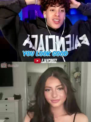 The cover image is split into two sections. The top half features a young man with curly hair, wearing a black hoodie with white text across the front. He is looking up and to the side with a slight smile, and appears to be talking, with wired earbuds in. The bottom half shows a young woman with long dark hair, looking at the camera with a slight smile. Overlayed on the image is blue hooked text and a YouTube logo.