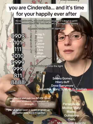 A person with glasses is centered in the frame, looking towards the camera. Above their head a text box says 'you are Cinderella... and it's time for your happily ever after' with additional text below. Numbers, words and names are listed to the left and right of the person.
