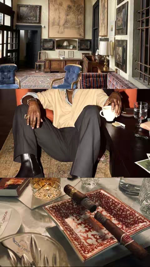 The image presents a multi-layered scene featuring a seated person, a detailed interior, and various objects. The top layer showcases a vintage room filled with artwork, furniture, and decorative elements. The middle layer centers on a person seated in an orange chair wearing a light-colored shirt, dark pants, and black boots, with a white cup and other items on the table. The bottom layer reveals a curated table setting with cigars in an ashtray, glasses, and branded items, creating a sense of an upscale meeting or gathering.