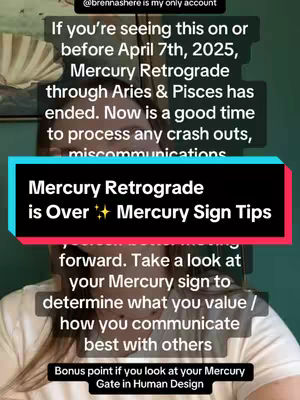 A selfie-style video cover with text overlays. The main focus is a person, presumably the creator, who is partially visible from the chest up with their head at the center. A series of text blocks are superimposed, including the account name at the top, information about Mercury Retrograde, and a call to action to learn about their Mercury sign. The background is blurred. The color scheme is generally muted with green and red accent colors, indicating a studio or indoor setup.