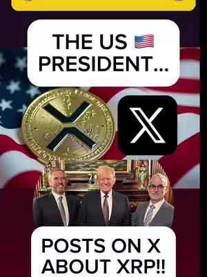 The cover image is a vertical graphic with multiple elements. The background shows an American flag. Overlaid on the flag are a gold XRP coin and the 'X' logo. Beneath these icons is a picture of three men in suits. At the top and bottom are text boxes.