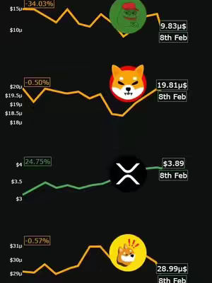 The image features four rows, each displaying a cryptocurrency logo and a chart representing its price movement. Above each chart is a percentage value showing the price change and a price point with the date 8th Feb. The background is dark.