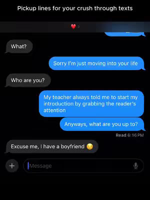 A black screen displays a text message conversation with speech bubbles in a messaging app style. The top has the text "Pickup lines for your crush through texts" in white. Below, various message bubbles with white text are arranged, creating a humorous dialogue.