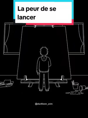A monochrome cartoon-style illustration depicts a person standing before a large, blank canvas on an easel. The figure is seen from the back, with a minimalist design. The person is wearing a hoodie. Paint supplies and other artistic tools are scattered on the floor. Above, text is displayed in a rectangular shape. The background is a darkened room featuring a curtain.