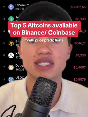A selfie-style video cover featuring a young man speaking into a microphone. Behind him, a list of cryptocurrency information is visible along the right side. A red banner overlays the center of the cover, displaying the video's title.