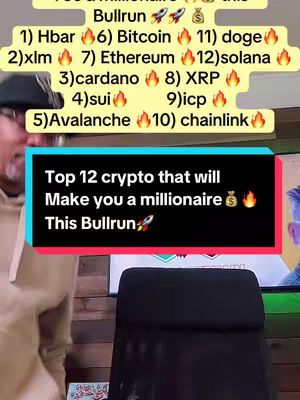 The cover image features a person partially visible on the left, with text overlaid in a rectangle. The text is on a black background with red and white text, listing the top 12 cryptocurrencies. The background of the video looks like a home studio setup.