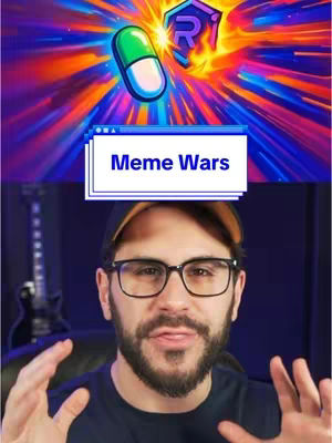 The cover image shows a man in glasses speaking, with two superimposed graphical elements above him. The upper section has a colorful, abstract background radiating from the center, with a pill-shaped graphic and a shield-like logo. A rectangular box labeled 'Meme Wars' floats between the the man and the graphical elements.