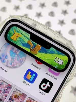 The cover image displays an iPhone with a dynamic island feature showing a Pikachu animation, set against a background of white stars. The phone screen showcases app icons and the iScreen app.