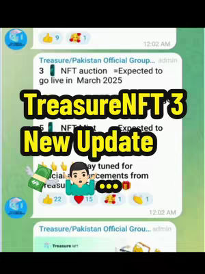 The cover image shows a screenshot of a Telegram chat, with multiple chat bubbles visible. The background is a gradient of light and dark blue. Prominently displayed in the center are the words "TreasureNFT 3 New Update" in a bold, yellow font with a black outline, overlaying elements of the chat. At the top, there are time stamps and reactions. There are also emojis of money, and other icons. The overall composition is text-heavy, and it appears to be a promotion or announcement related to TreasureNFT.