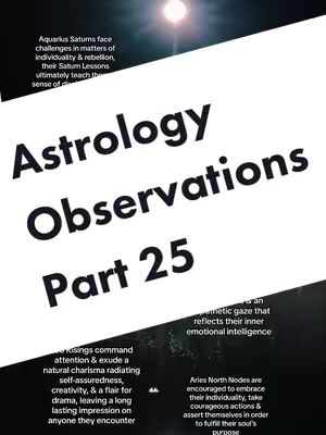 An image with a black and white background. The title "Astrology Observations Part 25" is prominent in the middle. The text around the title is in a small, serif font, giving a detailed look at astrological details.
