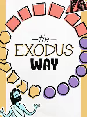 A stylized, colorful illustration with a central, stylized design. The focal point is a large circular graphic with the words 'the EXODUS WAY' at the center. Around this central text are various shapes including squares, circles and other geometric figures, set against a white backdrop, with pale yellow sections on the side. In the bottom left corner, a stylized illustration of what appears to be a bearded man is shown, with arms outstretched to the side. Various color schemes are spread across the image. The overall composition is clearly designed for educational or illustrative purposes, possibly relating to a religious or historical topic.