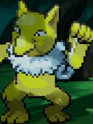 The image features a pixelated rendering of a creature resembling a yellow, bipedal fox-like Pokémon, Hypno, in a dynamic pose against a blurred green background. The creature has large ears and a light-colored ruff around its neck.