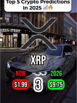 The image shows a sleek, black sports car with the XRP logo superimposed on its hood. Below the logo, the text "XRP" is prominently displayed. The car is parked in front of an urban street scene with buildings and streetlights. Overlayed at the bottom are price predictions for XRP: "NOW $1.99" in a red box, "3" in a white box, and "2026 $9.75" in a green box.