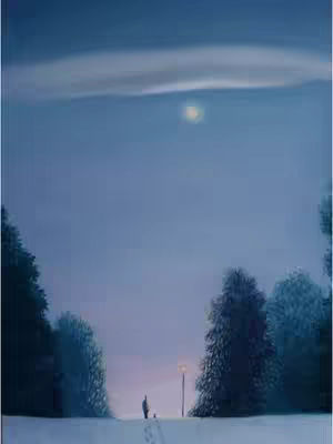 A painting-style image of a landscape at dusk or dawn. The sky is a gradient of blues, with a brighter area suggesting the sun or moon peeking through a cloud. Silhouetted trees and a person are in the landscape, along with a lamp post in the mid-ground, suggesting a pathway or road.