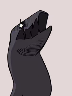 An illustration of a black, serpentine creature in profile against a light pink background. The creature, reminiscent of a void eel or similar mythical being, has a large, open mouth with visible teeth. A bright, star-shaped sparkle is near its eye, suggesting excitement or a dramatic expression. The overall composition is simple, cartoonish, with clean lines and a limited color palette.