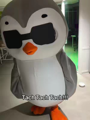 A person in a penguin costume with sunglasses poses in an indoor environment. The penguin is gray and white with orange feet and beak and has large square black sunglasses. The text overlay says "Tach Tach Tach!!!". The background shows elements of a well-lit room, possibly a home or studio.