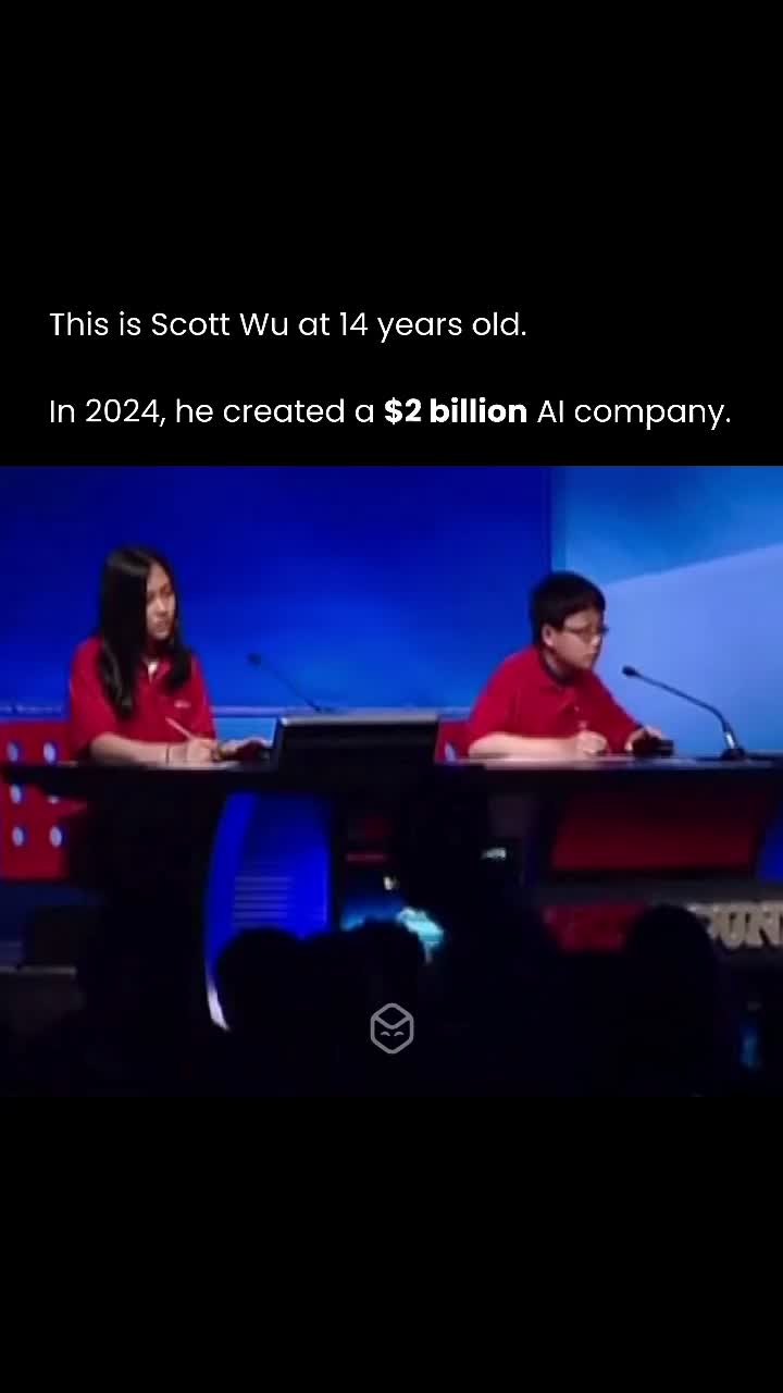 The cover image is a screenshot from a televised competition, with two young people facing off. Above, black text on a white background announces: "This is Scott Wu at 14 years old. In 2024, he created a $2 billion Al company." The background has a gradient with dark blue at the bottom, fading to a brighter blue.