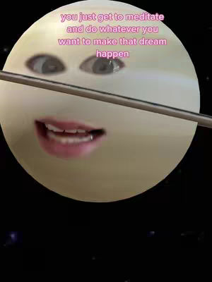 A whimsical image features a stylized planet with large, expressive eyes and a smiling mouth, seemingly animated. The planet is rendered with a soft, yellow-beige hue, while the eyes are dark with reflective highlights. A silver, metallic object is angled across the planet's face. Overlayed text in pink suggests an optimistic message to the viewer.