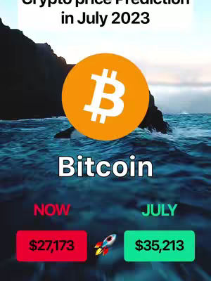 The image shows a crypto price prediction for Bitcoin. The background is a stylized image of water and a rocky cliff. In the center, there's a large orange circle with the Bitcoin symbol. The text 'Bitcoin' is below, with price predictions for 'NOW' and 'JULY' displayed in red and green boxes respectively, along with the corresponding amounts. A rocket ship graphic is between the price descriptions.