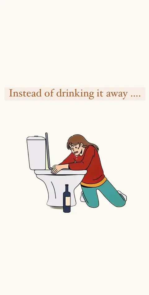 An illustrated image depicts a woman kneeling in front of a toilet, her face expressing distress, with a laptop on the toilet seat in front of her. A bottle of wine sits on the floor near the toilet. The background is a pale yellow.