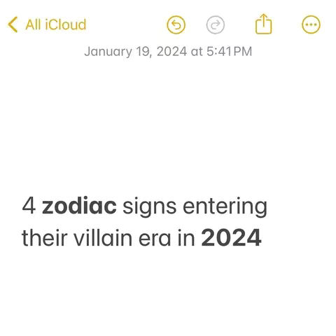 A light-colored screenshot of a notepad document displaying text. The top-left contains an iCloud symbol and back arrow. Date and time is listed at the top. The text states "4 zodiac signs entering their villain era in 2024".