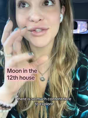 A woman with long blond hair is seen up close, wearing a patterned top and a silver necklace with a pendant. Text overlays detail the Moon in the 12th house concept.