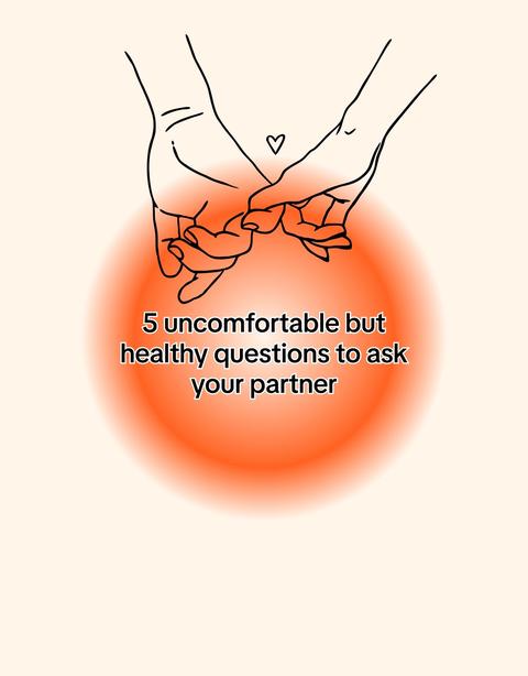 The image is a stylized illustration featuring two hands holding each other's pinky fingers. Above the clasped hands is a small heart symbol. Behind the hands is a large, circular gradient in shades of orange. The text overlay reads, '5 uncomfortable but healthy questions to ask your partner'. The background is a light peach color.